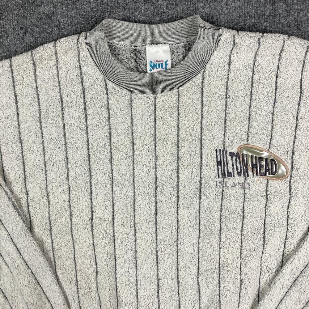 Carolina Smile Sweatshirt Mens Size L Gray Hilton Head USA Striped Vintage Crew
